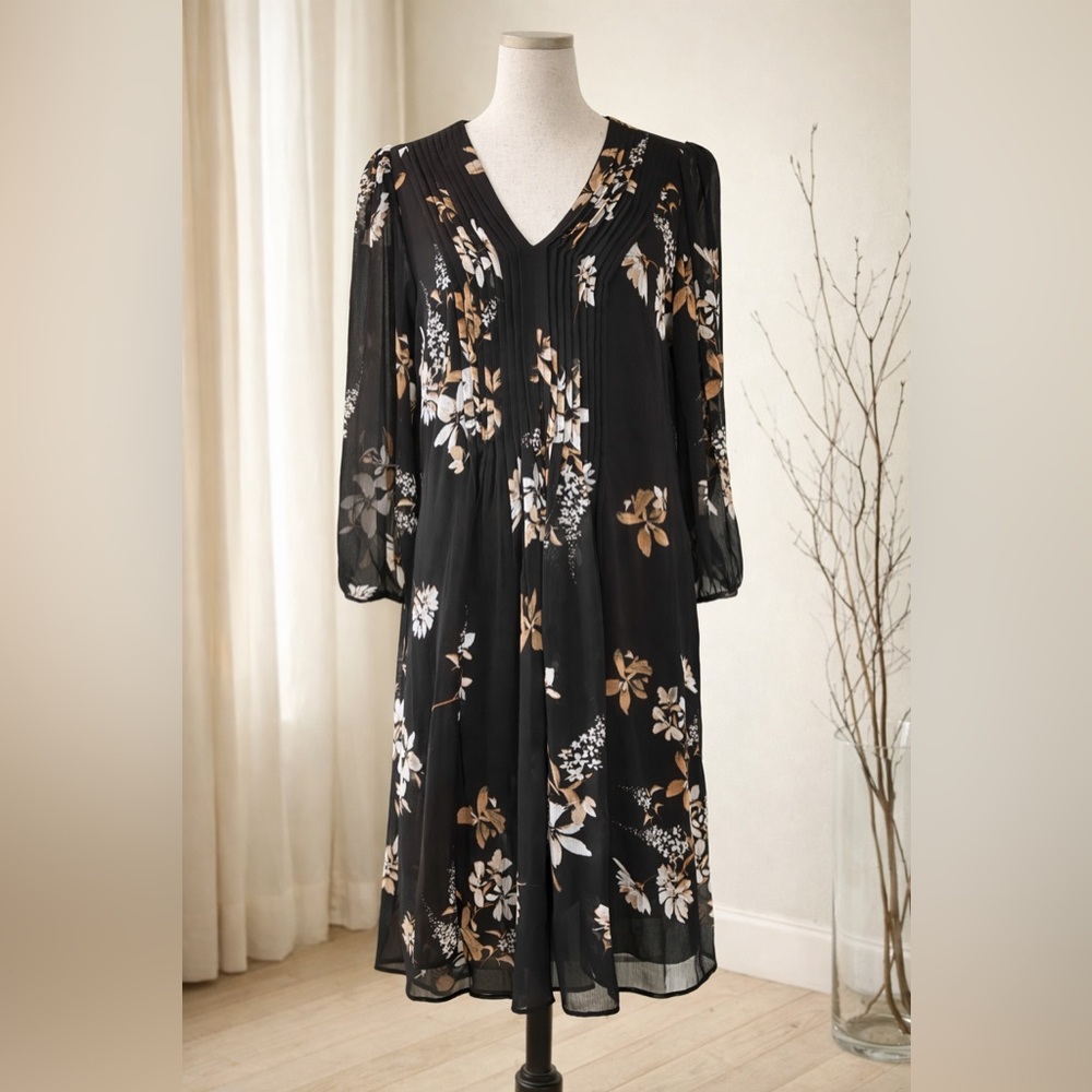 Calvin Klein Black Floral-Print Pintuck Swing‎ Dress sz 6 NWT